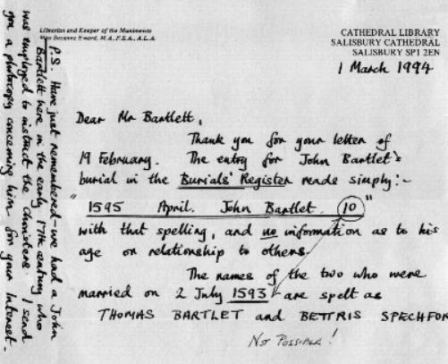 Letter from Salisbury Cathedral Library
